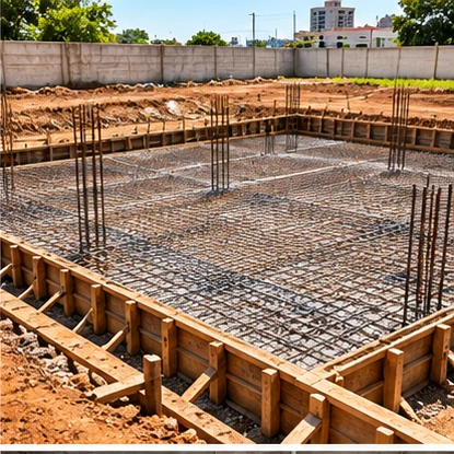Base de fundação preparada para concretagem