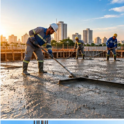 Trabalhadores nivelando concreto