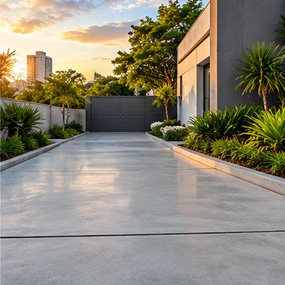 Piso externo de concreto em obra residencial